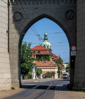 View of the tower of Potsdam City Hall through the Nauener Tor, Friedrich-Ebert-Straße,