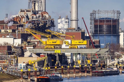 BASF factory site with chemical plants and chimneys. Baden aniline and soda factories. chemical