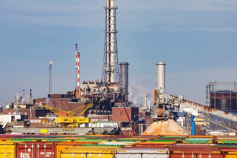 BASF factory site with chemical plants and chimneys. Baden aniline and soda factories. Chemical
