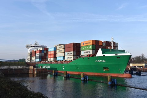 Container ship ELBINSEL leaves Kiel-Holtenau lock and sails to Kiel Fjord, Schleswig-Holstein,