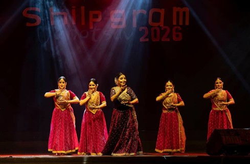 Artists perform a classical dance during a cultural evening program at Shilpgram Mohotsav 2026 in