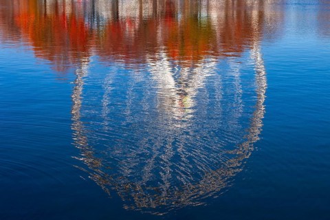 The Montreal Observation Ferris Wheel reflected in Bassin Bonsecours in autumn, Old Port of