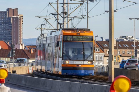 Tram on the Kurt Schumacher Bridge, which connects Mannheim and Ludwigshafen across the Rhine. The
