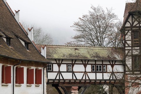 Fachwerk, Verbindungsgang, Protestant Seminary, Blaubeuren, Swabian Jura, Baden-Württemberg,