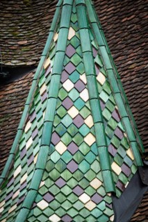 Spitzer Tower with green, glazed roof tiles, Protestant Seminary, Blaubeuren, Swabian Jura,