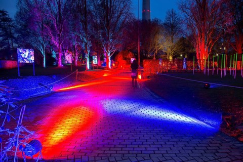 Winter lights in Luisenpark in Mannheim. Every year in January and early February, the park is