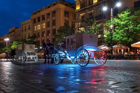 Waiting horse-drawn carriages at the market square at night, Krakow, Poland