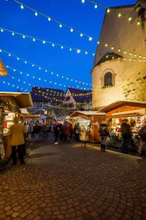 Christmas market, blue hour, Eguisheim, Haut-Rhin, Grand Est Region, Alsace, France