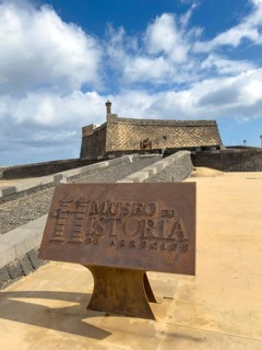 Castillo de San Gabriel fortress against blue sky with white clouds, Arrecife, Lanzarote, Canary
