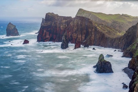 Long exposure of rock formations in the Atlantic Ocean, volcanic peninsula, Ponta de São Lourenço,