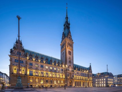 Hamburg City Hall with illuminated façade at the blue hour, Hamburg, Germany