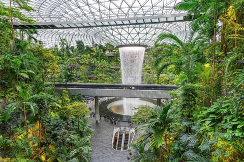 Forest Valley with Rain Vortex, world's tallest indoor waterfall at Jewel Changi Airport in the