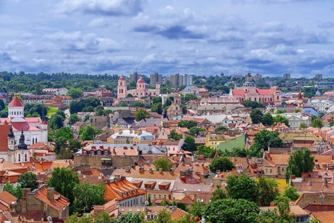 View over red rooftops, cathedral and churches in the Old Town of Vilnius, Vilniaus senamiestis,