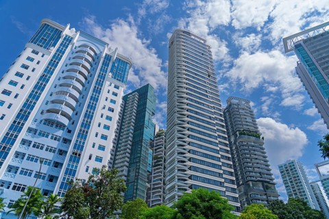Skyline showing residential high-rise buildings and skyscrapers with flats and apartments in the