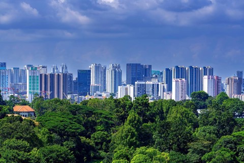 Skyline showing residential high-rise office buildings, hotels and skyscrapers with flats and