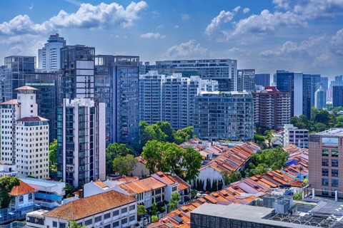 Skyline showing residential high-rise office buildings, houses and skyscrapers with flats and