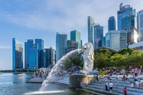 The Merlion Park at Marina Bay near the Central Business District, CBD and skyline with skyscrapers