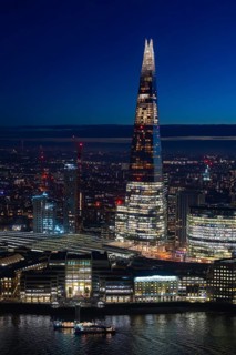 The Shard, pyramid-shaped skyscraper and London Bridge Station along the River Thames in Southwark