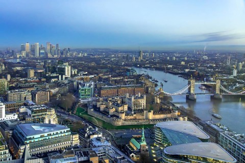 Aerial view from Sky Garden over the Tower of London, Tower Bridge, River Thames and city skyline