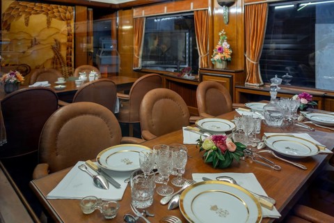 1930s interior of the Royal Belgian diner carriage at Train World, railway museum in Schaerbeek,