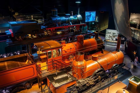 Steam locomotives at Train World, railway museum in Schaerbeek, Schaarbeek, Brussels, Belgium