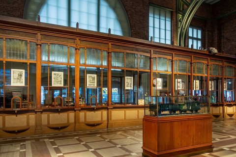 Former ticket hall with ticket counters and offices of the Schaerbeek railway station at Train