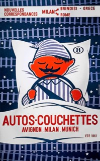 1961 vintage railway poster by Capouillard advertising Autos-Couchettes, long-distance overnight