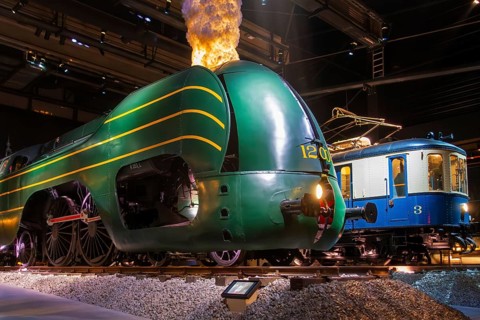 1939 steam locomotive type 12 Atlantic and AM 35 on display at Train World, railway museum in