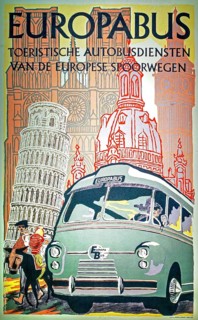 1961 vintage Europabus poster advertising long-distance bus transport by Union des Services