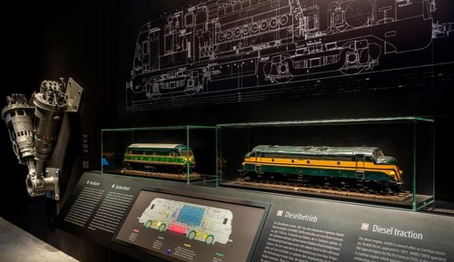 Model trains on display diesel traction explanation at Train World, railway museum in Schaerbeek,