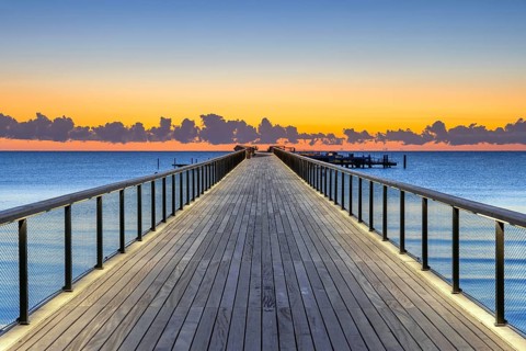 Seebrücke, pier with wooden deck made of azobe, bongossi hardwood at seaside resort Scharbeutz
