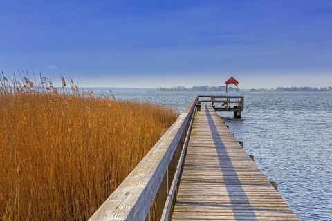 Wooden jetty in Wieck am Darß, Fischland-Darss-Zingst, holiday resort on the Darß peninsula in