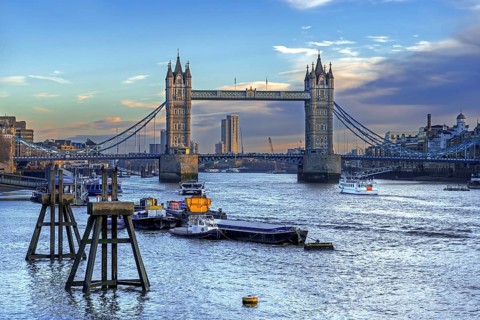 19th century Tower Bridge, neo-Gothic bascule / suspension bridge crossing the River Thames in the