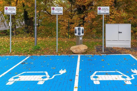 Parking area with empty public charging station / loading points from KEBA, network of chargers for