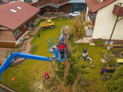 Men on a lift doing garden work in a large garden surrounded by buildings, tree work, Gechingen,