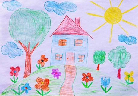 Naive illustration, children's drawing, house with garden, flowers, sunshine and cloud, Austria