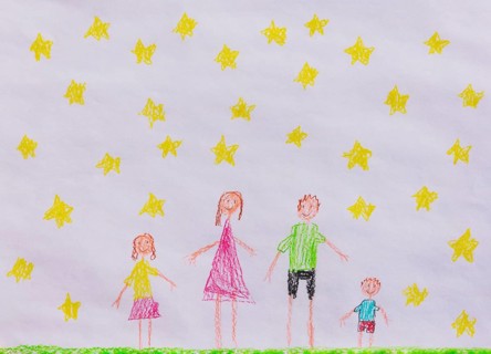 Naive illustration, children's drawing, family with children, starry sky