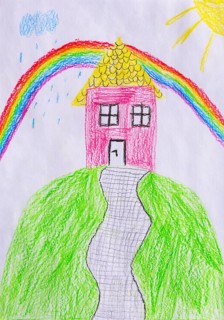 Naive illustration, children's drawing, residential building with rainbow, rain and sunshine,