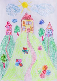 Naive illustration, children's drawing, house with garden, flowers, sunshine and cloud, Austria