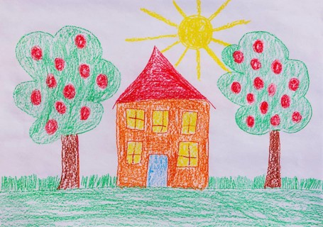 Naive illustration, children's drawing, residential building with garden and fruit trees, sunshine