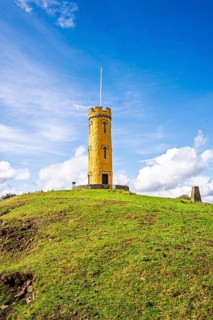 Binns Tower over Scotish farms and Forth Estuary, House of the Binns, Linlithgow, Scotland, UK