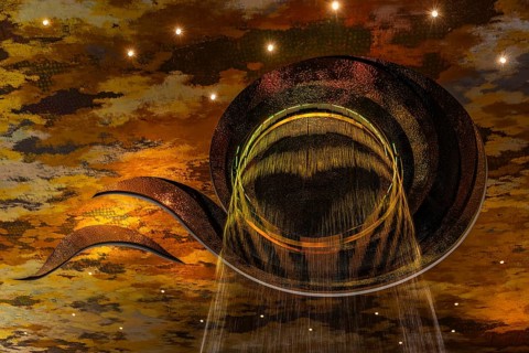 Artificial, brightly lit waterfall, Magic Waterfall, falls from the ceiling of the Iconsiam