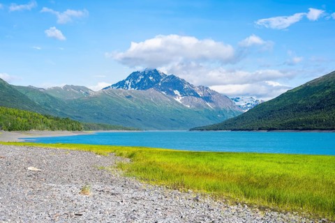 Lake and mountains, Eklutna Lake, Chugach Mountains, Chugach State Park, Alaska, USA