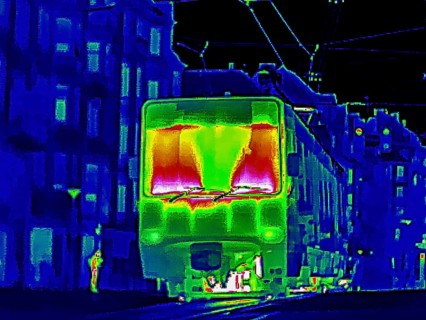 Thermal image or thermography, symbolic photo, interpolated. Light rail travel in urban areas.