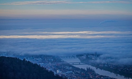 Aerial view of the city of Heidelberg on the Neckar, fog landscape of low-hanging clouds and fog