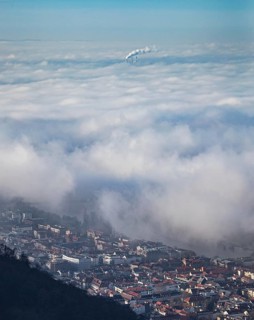 Aerial view of the city of Heidelberg on the Neckar, sea of fog from low-hanging clouds and fog