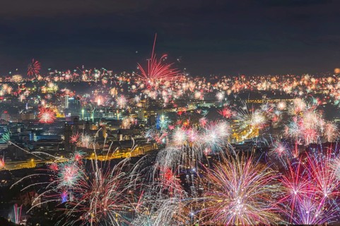 Stuttgart welcomes the new year 2026. Remarkable New Year fireworks over the city center.