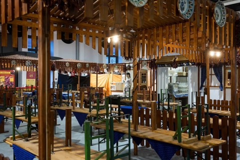 High chairs at the Hungarian stand shortly in front of the opening of Green Week at the exhibition