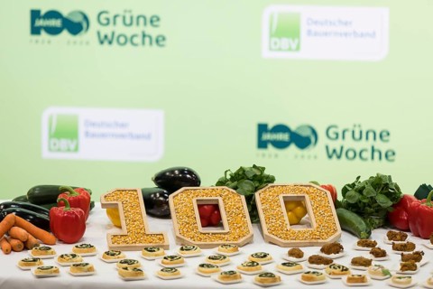 Maize in the form of 100 on the stand of the German Farmers' Association during the opening tour of