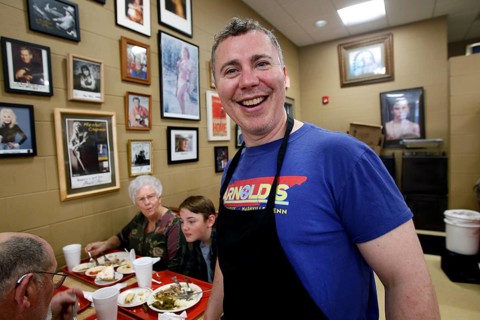 Friendly host laughs at Arnold's Country Kitchen in Nashville, Nashville, Tennessee, USA
